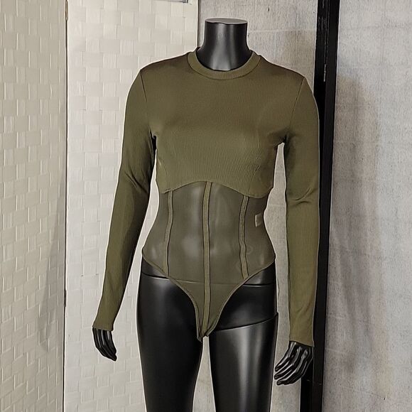 BRAND NEW LONG SLEEVES MESH INSERT HIGH NECK SOLID SHEER THONG SNAP BODYSUIT - Picture 4 of 15